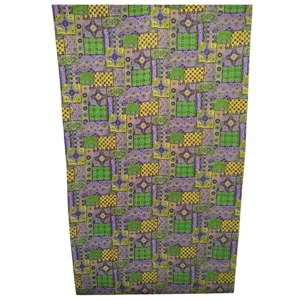 2 Yards Vintage 1970's Silky FAUX PATCHWORK FABRIC Retro Bright Geometric Floral